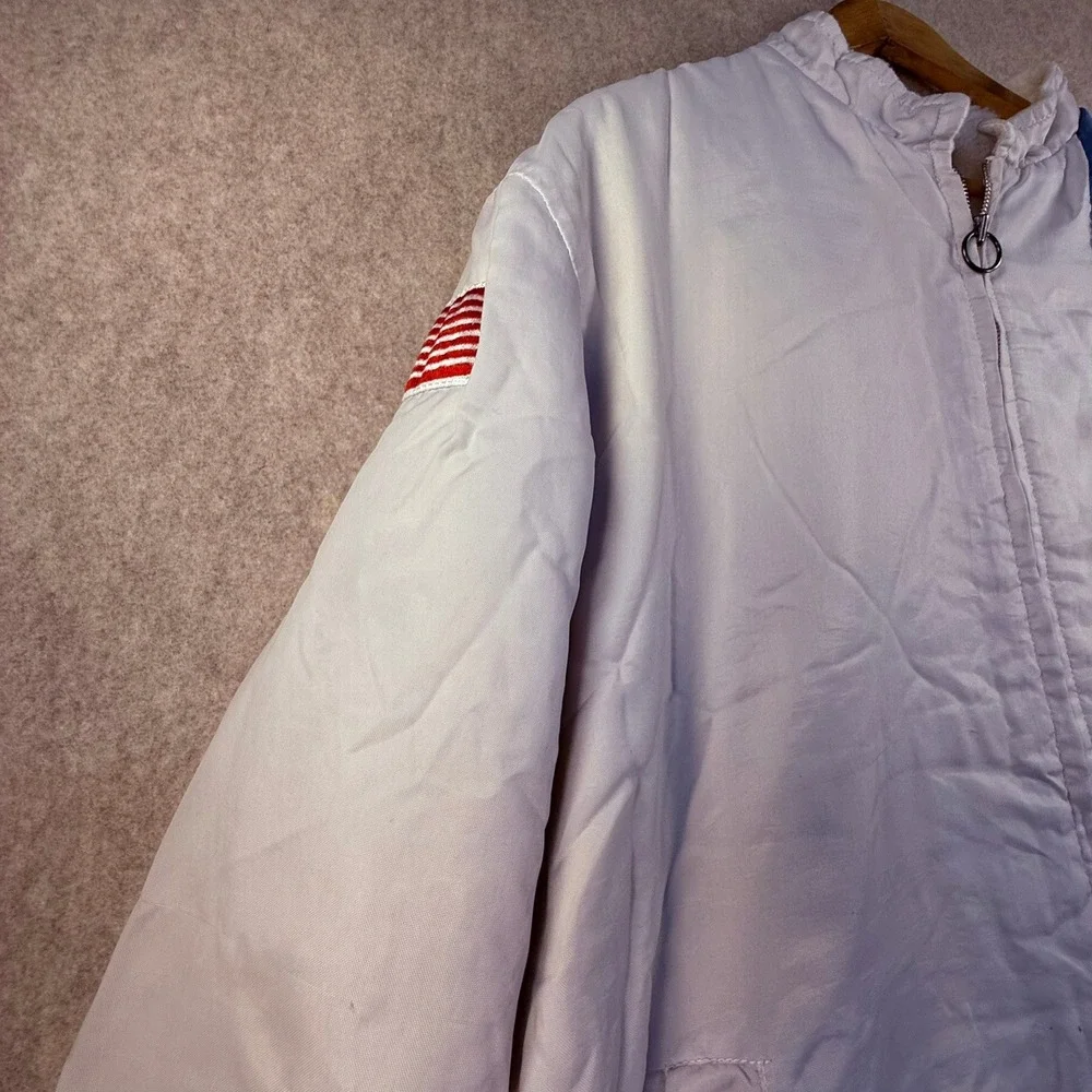 70's VTG White Bomber Jacket Racing Stripes USA Flag Sherpa Lined Full Zip T1957